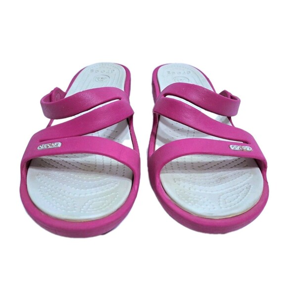 Crocs Patricia Women's 10 Wedge Pink Magenta Sandals Slip On Strappy Raspberry - Picture 2 of 7
